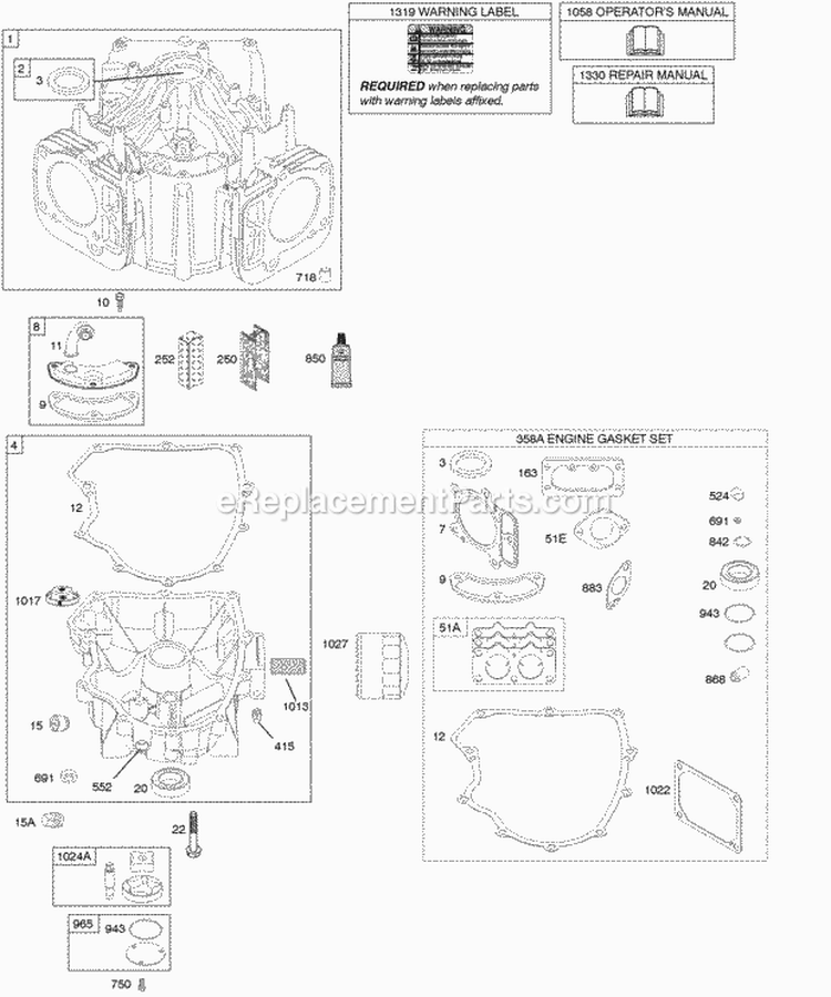 Cylinder Gasket Set - Engine Diagram and Parts List for 445977-1092-B1  Briggs and Stratton Engine